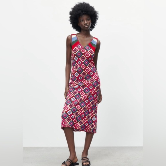NWT Zara Multicolor Grandma squares Crochet Geometric Knit Dress size med medium - Picture 1 of 8